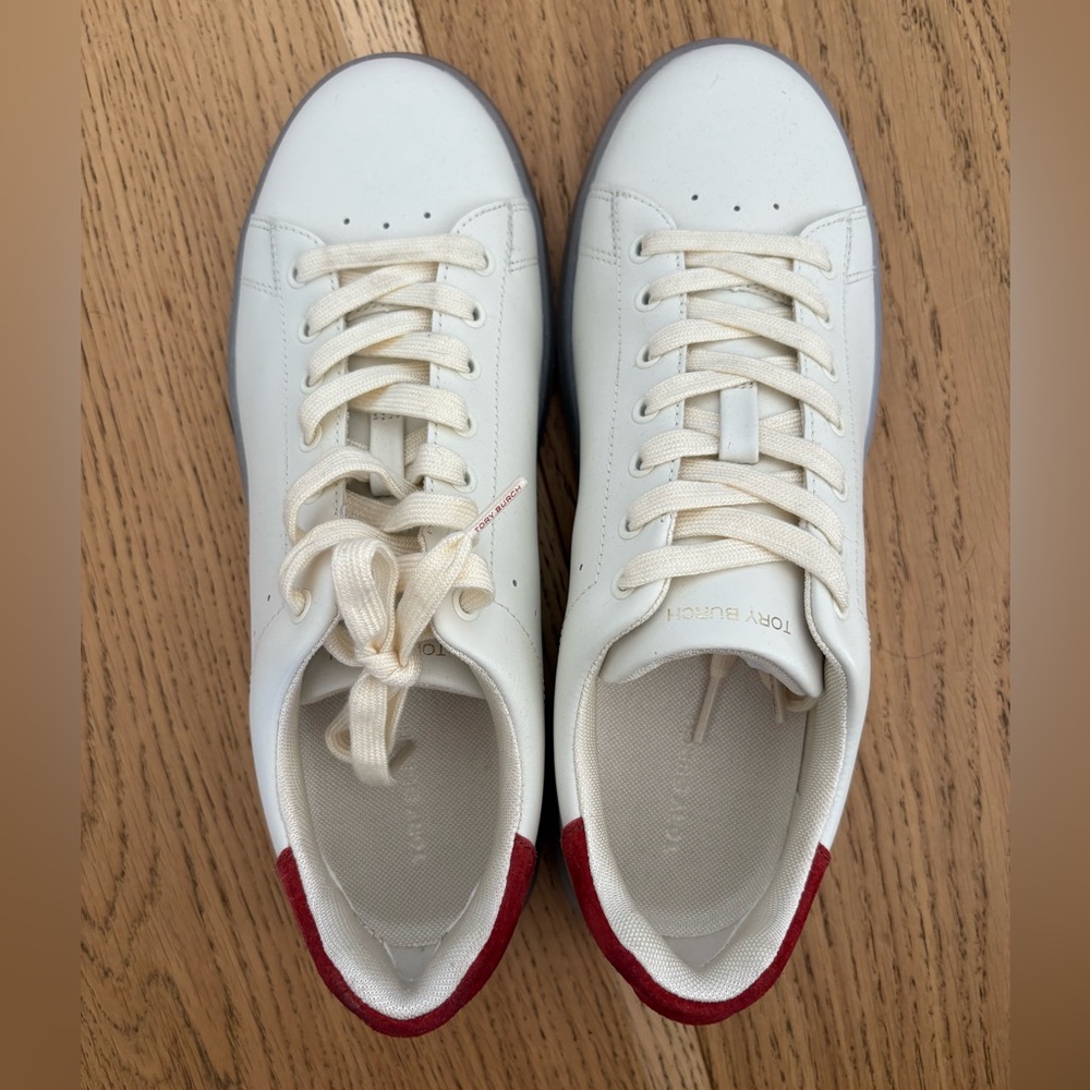 Tory Burch White Sneakers with Red Suede Accents / 9.5